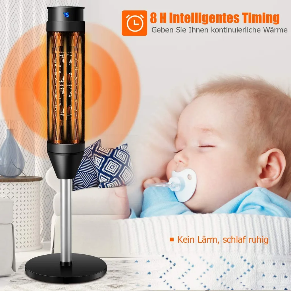 COSTWAY Heizlüfter, 1,2KW/2KW, Elektroheizung, Heizgerät Mit Thermostat & 3 Modi, 40° Oszillation, 10 - 49℃, Schnellerhitzung, Inkl. 8H Timer, LED, 28x28x85cm, Schwarz – Bild 7