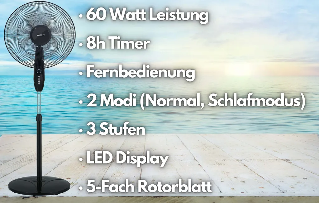 Zilan Standventilator Mit Fernbedienung | LED-Display | 8h Timer | 3 Geschwindigkeitsstufen | Oszilierender Ventilator | Windmaschine | 40 Cm | Oszilierend | 60 Watt – Bild 3