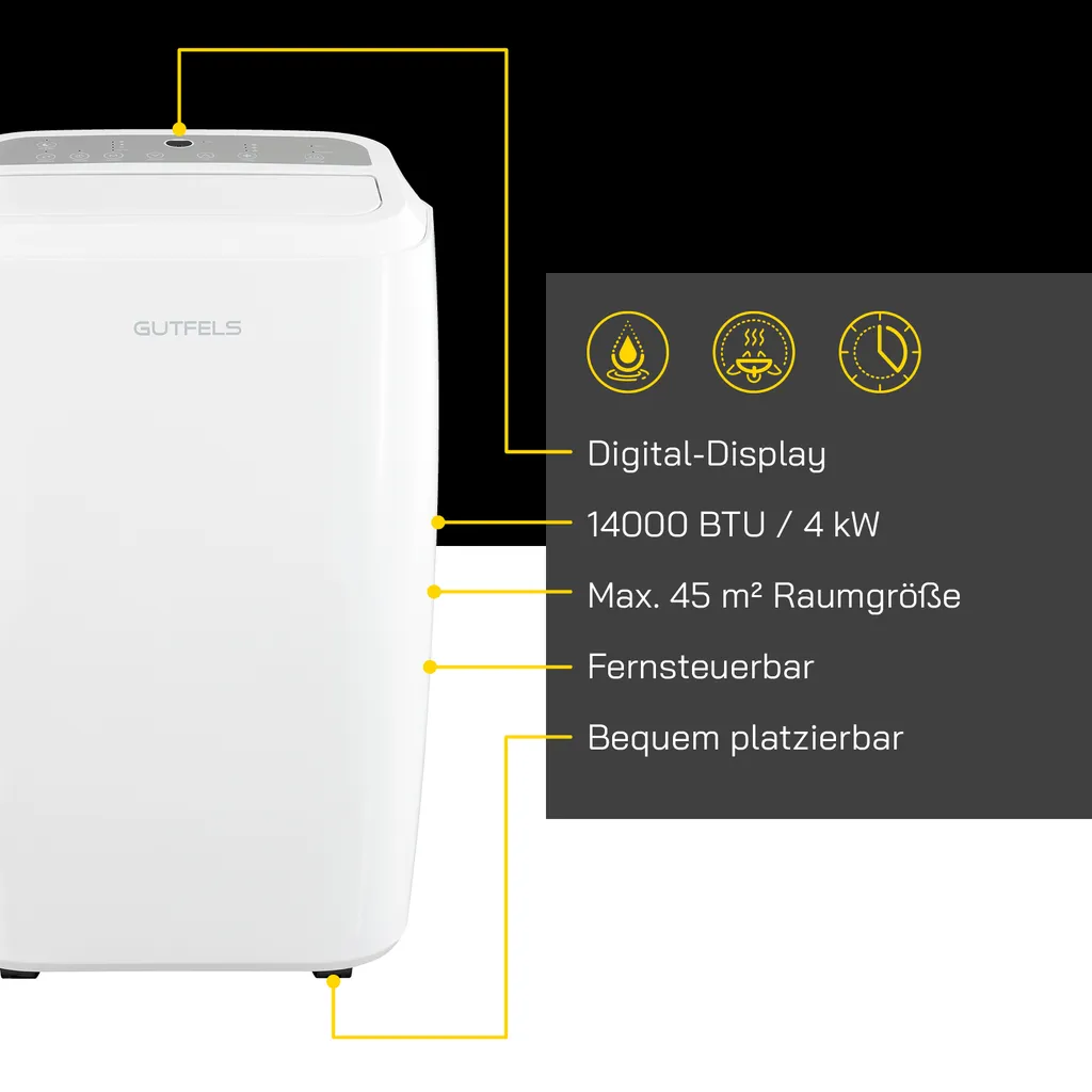 GUTFELS Mobile Klimaanlage CM 81455 We | 14000 BTU | Inkl. Abluftschlauch | Mobil | Luftentfeuchtung | Kühlen | R290a Kältemitte L Weiß – Bild 3