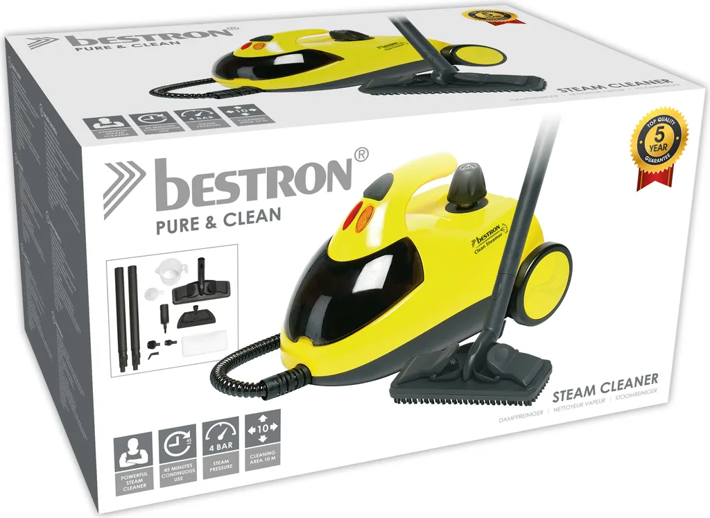 Bestron Dampfreiniger Mit 12-Teiligen Zubehör-Set, Inkl. Kindersicherung & 10m Aktionsradius, 4 Bar Dampfdruck, Kapazität: 1,5 L, Ideal Für Bäder Und Küchen, 1500 Watt, Farbe: Gelb – Bild 3