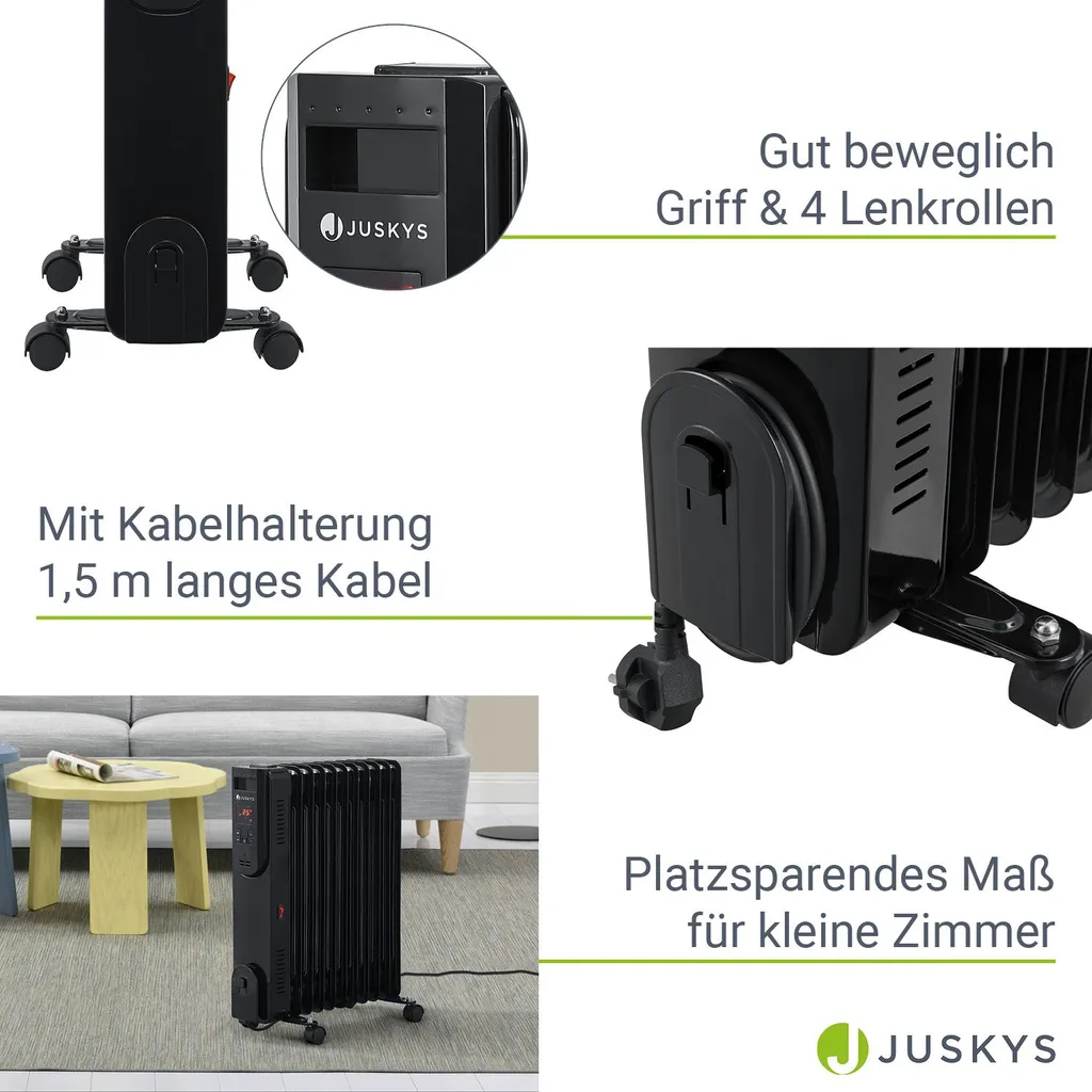 Juskys Elektroheizung Ölradiator 2500 Watt - Heizung Elektrisch Mit 3 Stufen, Thermostat, 12 H-Timer & Überhitzungsschutz - Radiator Schwarz – Bild 5