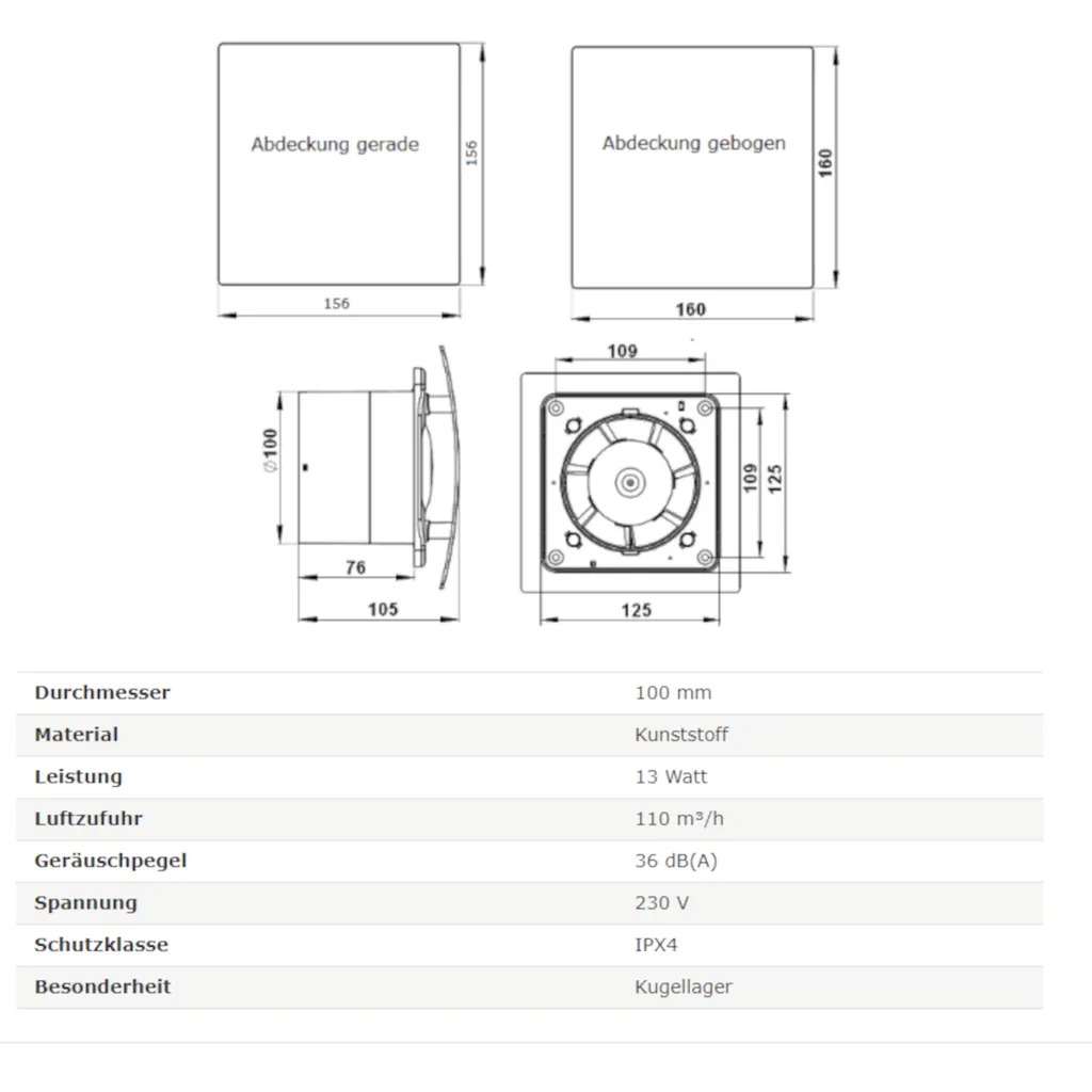 Wohnraumlüfter Lüfter Deckenlüfter Ventilator Badventilator Badlüfter Kugellager Rückstauklappe Ø 100 Mm Zugschalter Hochglanz Weiß – Bild 4
