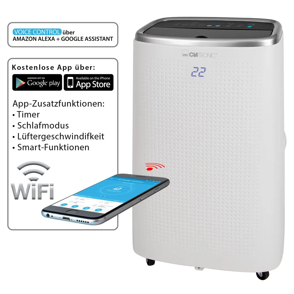 Clatronic Mobile Klimaanlage/Klimagerät (smart Home) CL 3750; Amazon Alexa & Google Assistant; 12.000 BTU/h 3in1 Kühlen, Mit Abluftschlauch; Fernbedienung; Weiß – Bild 2