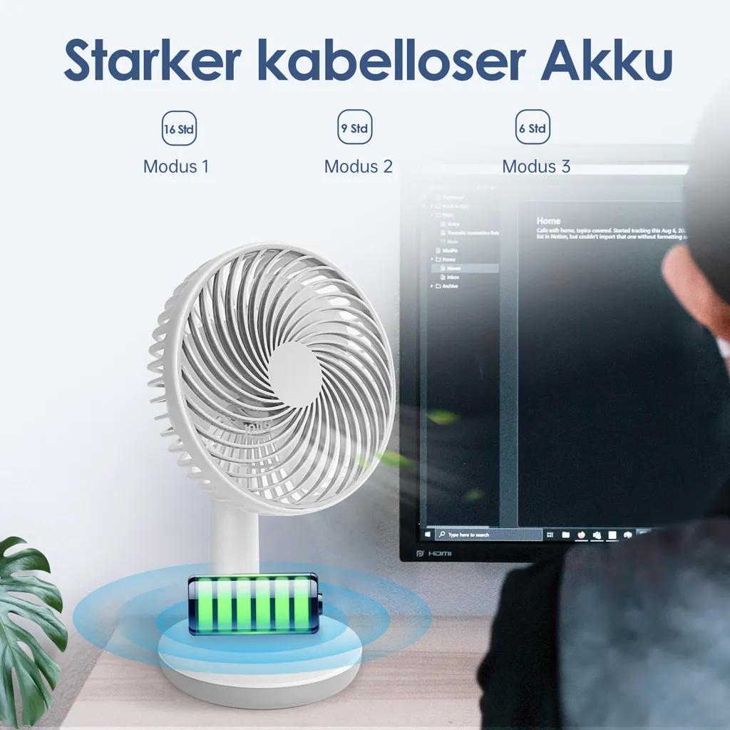 Akku Tischventilator Kompakt Mit Drei Gebläsestufen Und USB Ladeanschluss – Bild 5