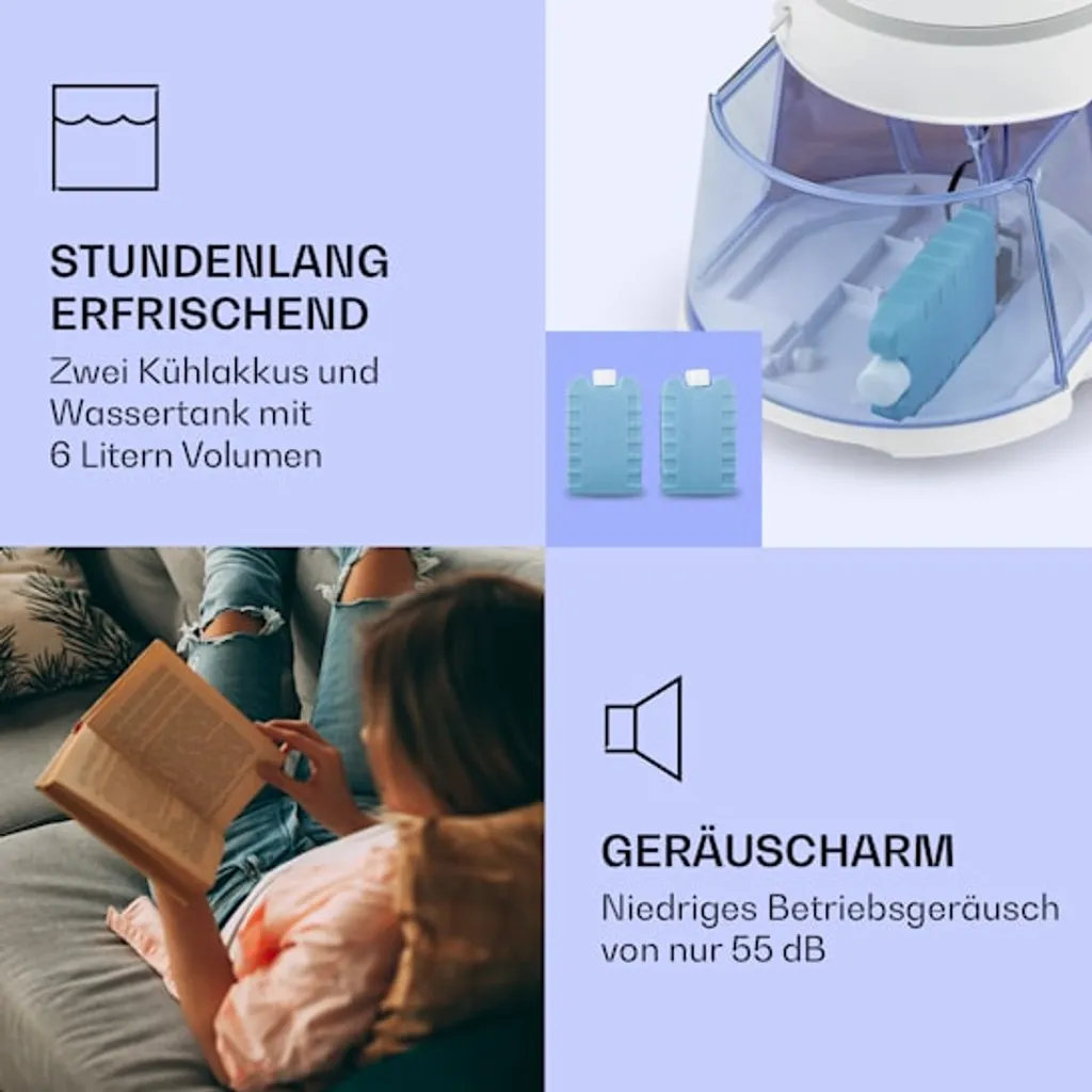 Klarstein Skyscaper Ice Smart Klimaanlage 4-in-1: Luftkühler, Ventilator, Luftbefeuchter & Ionisation - 6 L Wassertank - Oszillation - 30 W - 210 M³/h - Timer - Klimagerät Ohne Abluftschlauch - Mobiles Klimagerät – Bild 6