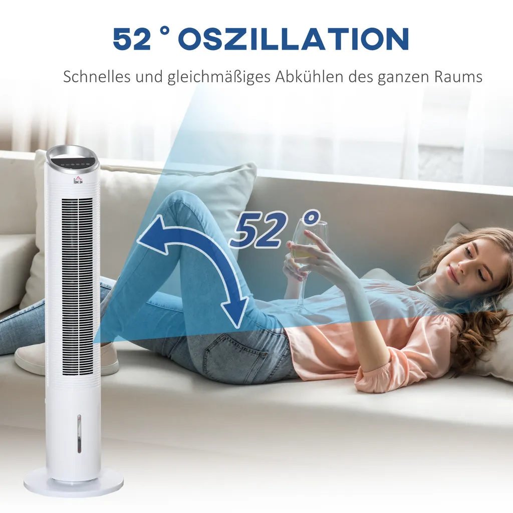 HOMCOM Luftkühler Mit Wasserkühlung Fernbedienung Turmventilator Standventilator Mit Luftbefeuchtung Klimagerät 8h Timer Nutzungsraum 20㎡ 60W ABS Weiß Ø30 X 100,8H Cm – Bild 8
