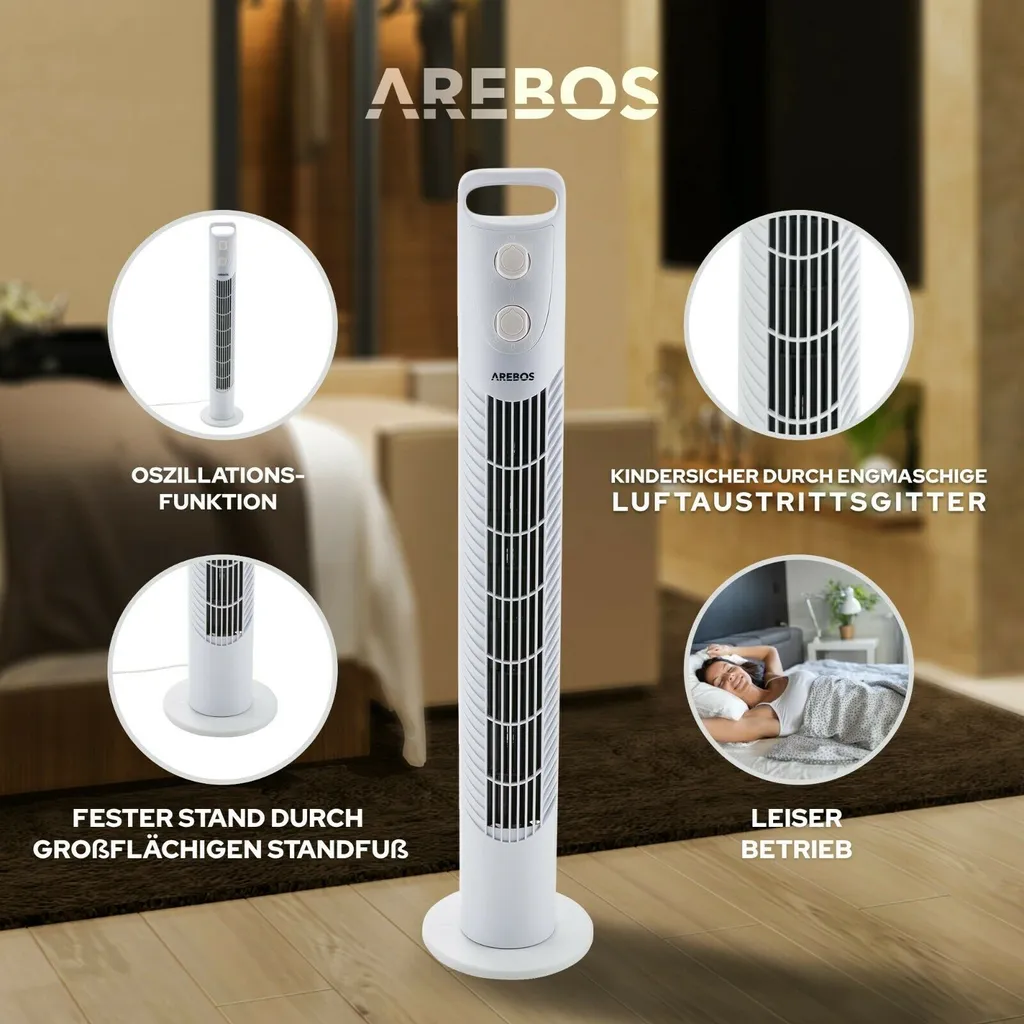 AREBOS Turmventilator Mit Timer, 40 Watt, 75°-Oszillation, Ventilator Mit 3 Geschwindigkeitsstufen, , Weiß – Bild 5