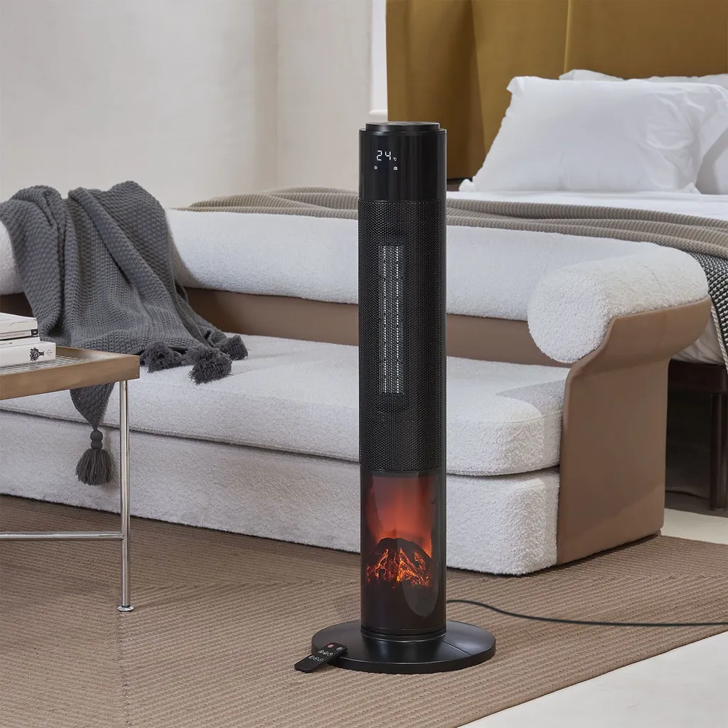 Juskys Turm-Keramik-Heizer – Elektrischer Heizlüfter Mit LCD Display & Fernbedienung, 1000 / 2000W, Kamineffekt, Timer, Oszillation & Umkippschutz – Bild 2