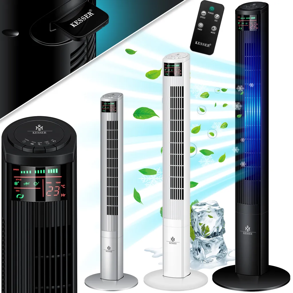 KESSER® Turmventilator Mit Fernbedienung | 120 Cm | Oszilation | 55W | LED-Display | Ventilator Mit 3 Geschwindigkeitsstufen + Timer Bis 12 Stunden + 3 Betriebsmodi + 90° Oszillierend Towerventilator, Farbe:Schwarz