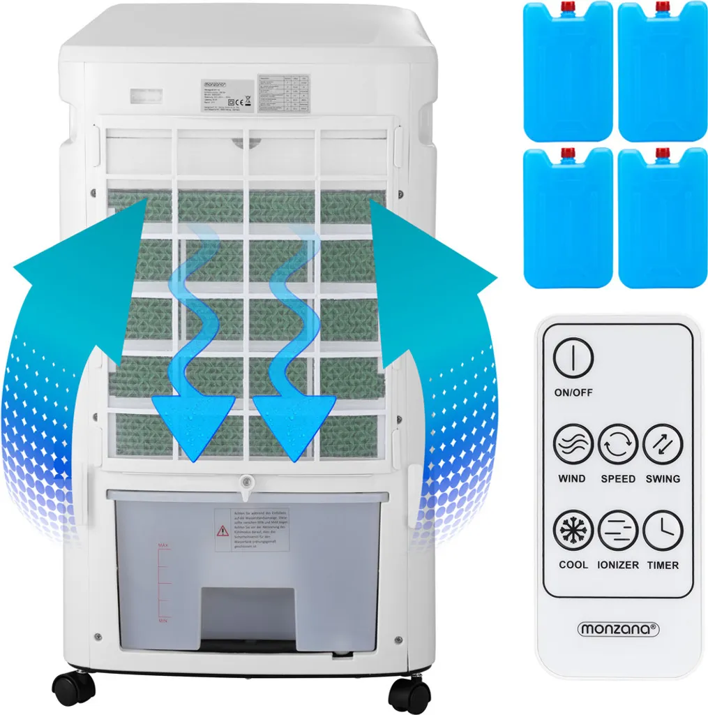 Monzana Luftkühler MZ804 4in1 Fernbedienung 8L Tank Timer Mobil Luftbefeuchter Ventilator Klimaanlage Ionisator Luftkühler LED Display Aircooler Klimagerät – Bild 2