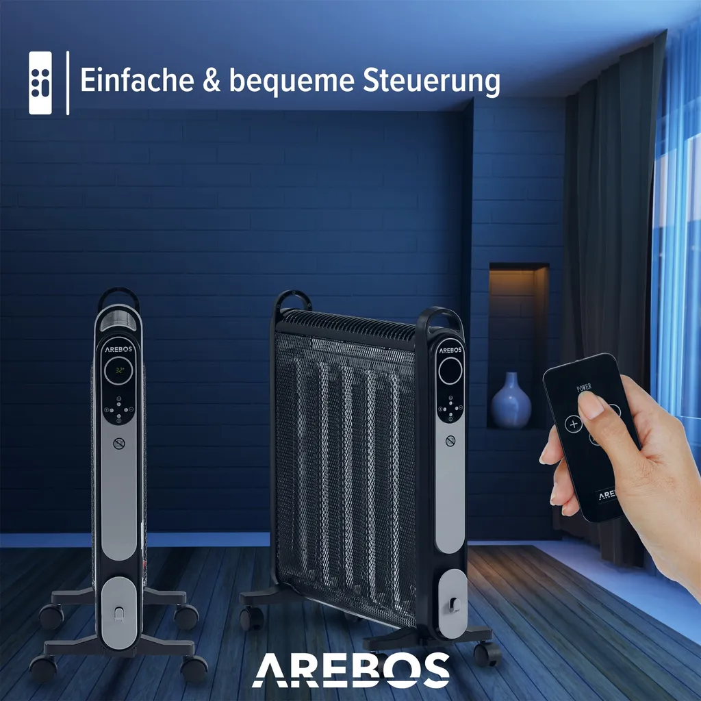 AREBOS Mica Konvektor 2000 W | Wärmewellenheizer | Elektroheizung | Konvektor-Heizung | Mobile Elektroheizung Energiesparend | Leise Heizung | Mobiler Elektro Heizlüfter Mit 2 Heizstufen | Schwarz – Bild 5