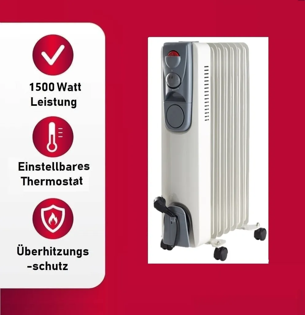 JUNG DAYE15 Heizung Elektrisch Mit Thermostat, 7 Lamellen, Ölradiator & Konvektor, 1500 Watt Energiesparend, Mobile Elektroheizung, Bis 25qm – Bild 3