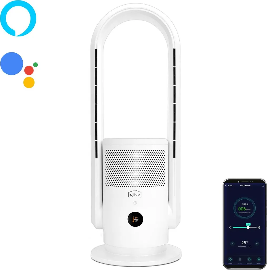 Djive ARC Heater 3in1 Rotorloser Heizlüfter, Ventilator & Luftreiniger, HEPA 14 Filter & UVC Gegen 99,995% Der Viren, Staub & Pollen, App Steuerung, Alexa, Google Home, Mit Heizfunktion, Schlafzimmer, Clean White