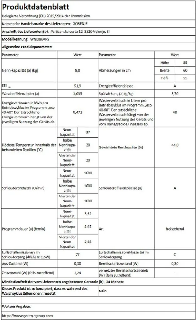 Gorenje WNEI 86 APS Waschmaschine Mit Dampffunktion - 8 Kg - 1600 U/min - 16 Programme - Inverter Motor - Edelstahltrommel - AquaStop - Kindersicherung - Trommelreinigung - Weiß – Bild 7