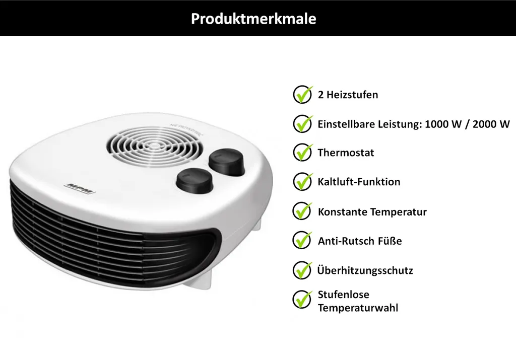MPM MUG-20, Haushaltslüfter Ohne Lamellen, Indoor, Flur, Weiß, Drehregler, 2000 W – Bild 2