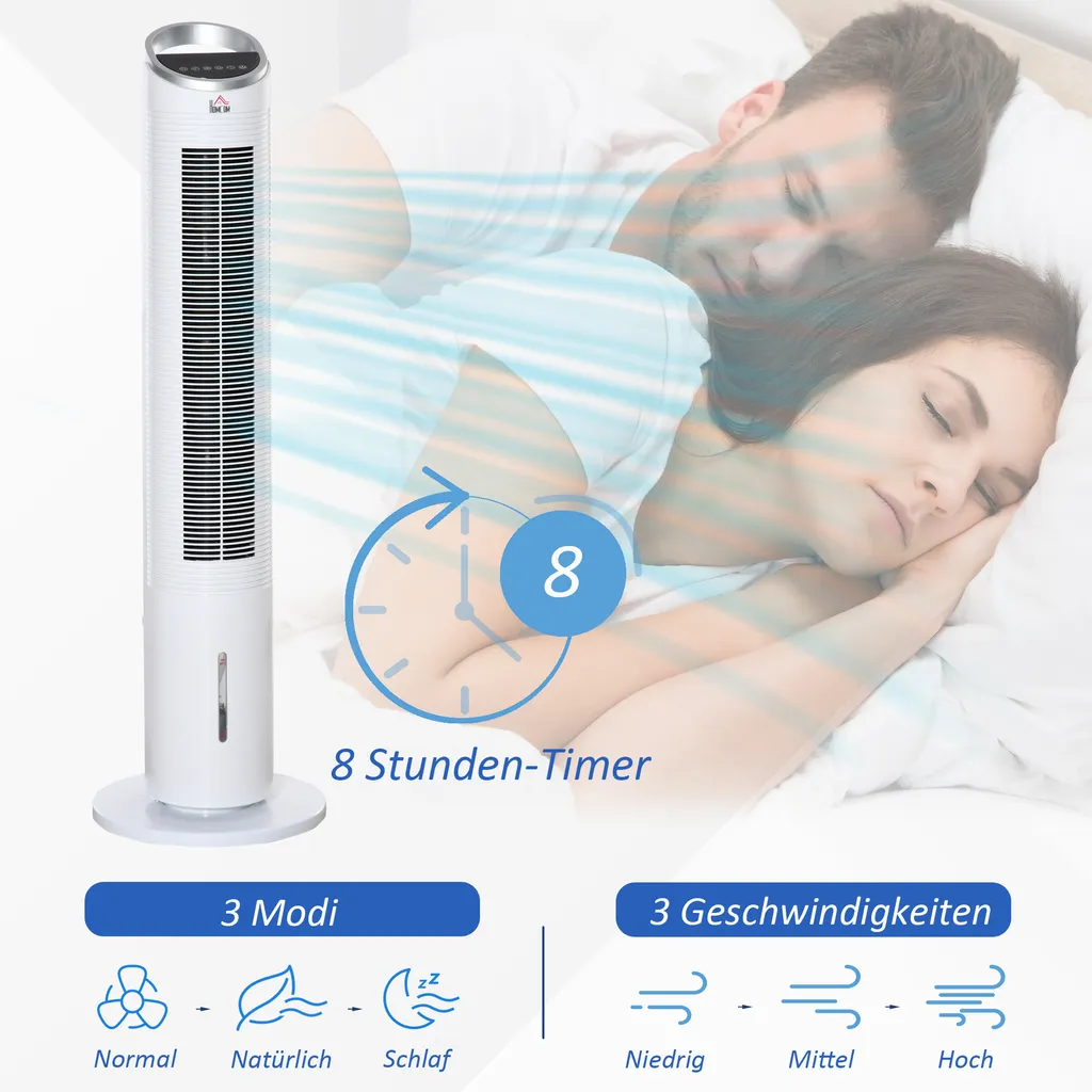 HOMCOM Luftkühler Mit Wasserkühlung Fernbedienung Turmventilator Standventilator Mit Luftbefeuchtung Klimagerät 8h Timer Nutzungsraum 20㎡ 60W ABS Weiß Ø30 X 100,8H Cm – Bild 5