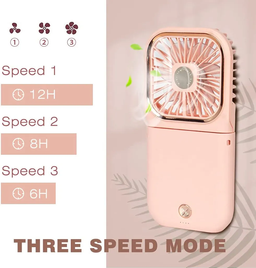 4 In 1 Handventilator, Tischventilator, Halslüfter, Handyhalter, Mit 3000mAh Powerbank, USB Faltbarer 3 Gang Ventilator, 180° Drehbarer Lüfter, Rosa – Bild 3