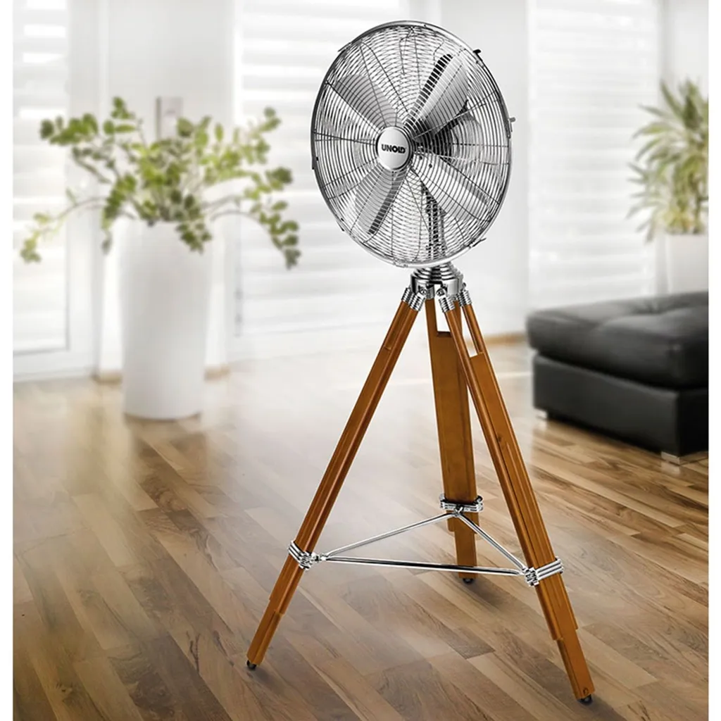 Unold KOLONIAL Design-Standventilator Aus Kiefernholz (Chrom- & Holzoptik, 50 Watt, Dreifuß, 3 Stufen, Oszillation) – Bild 4