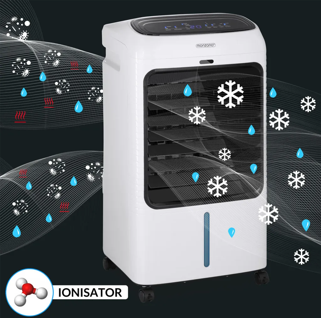 Monzana Luftkühler MZ804 4in1 Fernbedienung 8L Tank Timer Mobil Luftbefeuchter Ventilator Klimaanlage Ionisator Luftkühler LED Display Aircooler Klimagerät – Bild 3
