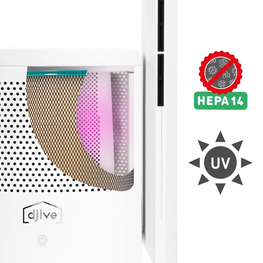 Djive ARC Heater 3in1 Rotorloser Heizlüfter, Ventilator & Luftreiniger, HEPA 14 Filter & UVC Gegen 99,995% Der Viren, Staub & Pollen, App Steuerung, Alexa, Google Home, Mit Heizfunktion, Schlafzimmer, Clean White – Bild 2