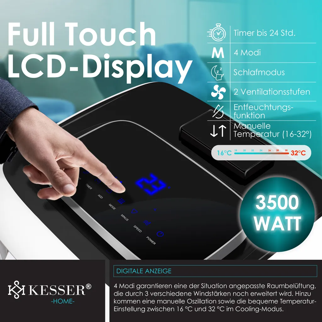 KESSER® – Klimaanlage Mobiles Klimagerät 4in1 Kühlen, Luftentfeuchter, Lüften, Ventilator - 12.000 BTU/h (3.500 Watt) 3,5 KW - Klima Mit Montagematerial, Fernbedienung Und Timer, Nachtmodus (EEK: A), Farbe:Weiß / Schwarz – Bild 5