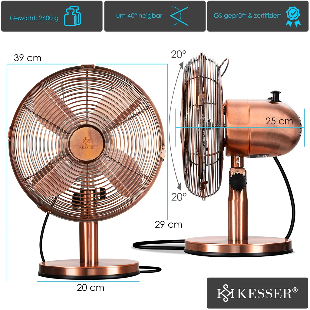 KESSER® - Tischventilator Design Retro Voll-Metallgehäuse 80° Oszillation - Leise Ventilator Mit 3 Geschwindigkeitsstufen - Zuschaltbare | Windmaschine | Neigungswinkel Ca. 40° Metall, Farbe:Kupfer – Bild 8