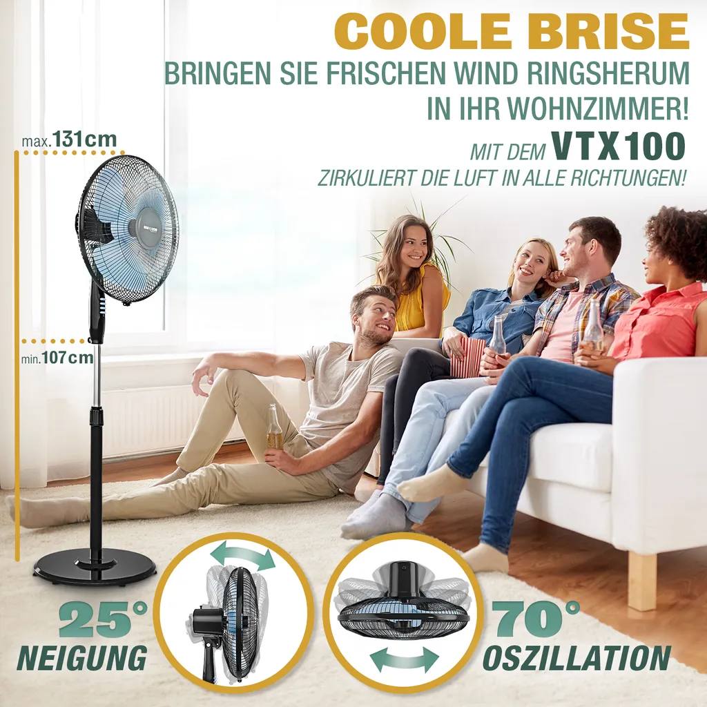 RelaxxNow Super Leiser Standventilator Mit 45W Motoren Leistung, Oszillierender Ventilator Mit 3 Geschwindigkeitsstufen Und Höhenverstellbarkeit Bis 131cm, 41 DB Schlafmodus & 41cm Durchmesser, VTX100 – Bild 2