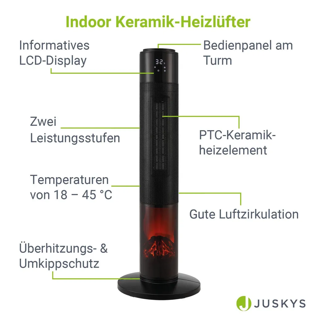 Juskys Turm-Keramik-Heizer – Elektrischer Heizlüfter Mit LCD Display & Fernbedienung, 1000 / 2000W, Kamineffekt, Timer, Oszillation & Umkippschutz – Bild 3