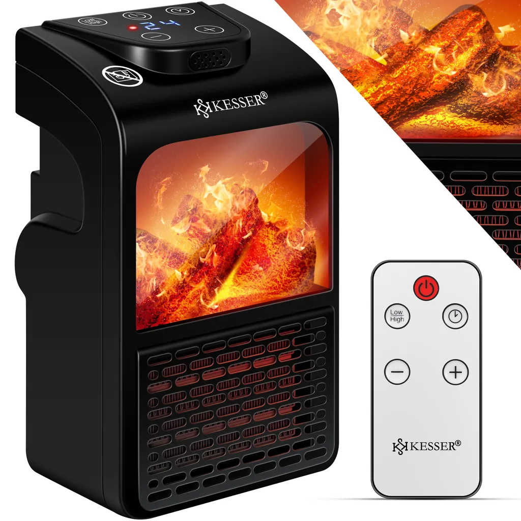 KESSER® Steckdosen Heizlüfter Energiesparend Mini Mit Kaminfeuereffekt Fernbedienung LCD Display Keramik Heizung Mit Thermostat 400W - Temperaturregelung Timer Büro Badezimmer Schlafzimmer, Farbe:Schwarz – Bild 2