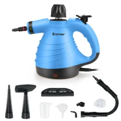 COSTWAY Dampfreiniger Inkl. 9 Zubehör, Handdampfreiniger, Dampfreinigen Handgerät 3 Bar / 250ml / 1050W / 4min Aufheizzeit/für Teppiche, Vorhänge, Autositze, Küche (Blau)