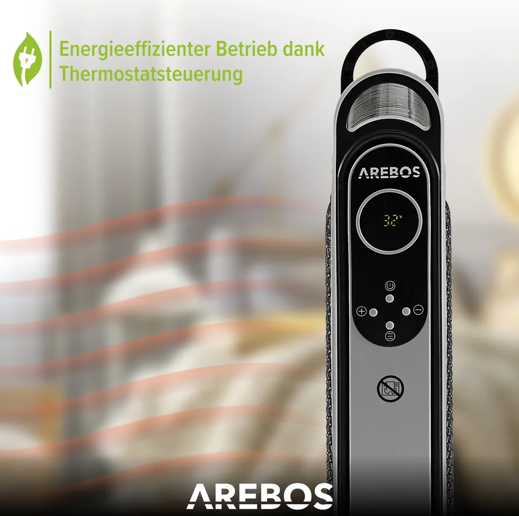 AREBOS Mica Konvektor 2000 W | Wärmewellenheizer | Elektroheizung | Konvektor-Heizung | Mobile Elektroheizung Energiesparend | Leise Heizung | Mobiler Elektro Heizlüfter Mit 2 Heizstufen | Schwarz – Bild 7