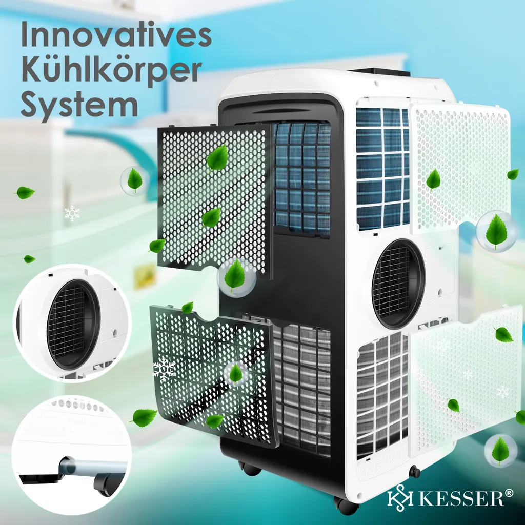 KESSER® – Klimaanlage Mobiles Klimagerät 4in1 Kühlen, Luftentfeuchter, Lüften, Ventilator - 12.000 BTU/h (3.500 Watt) 3,5 KW - Klima Mit Montagematerial, Fernbedienung Und Timer, Nachtmodus (EEK: A), Farbe:Weiß / Schwarz – Bild 9