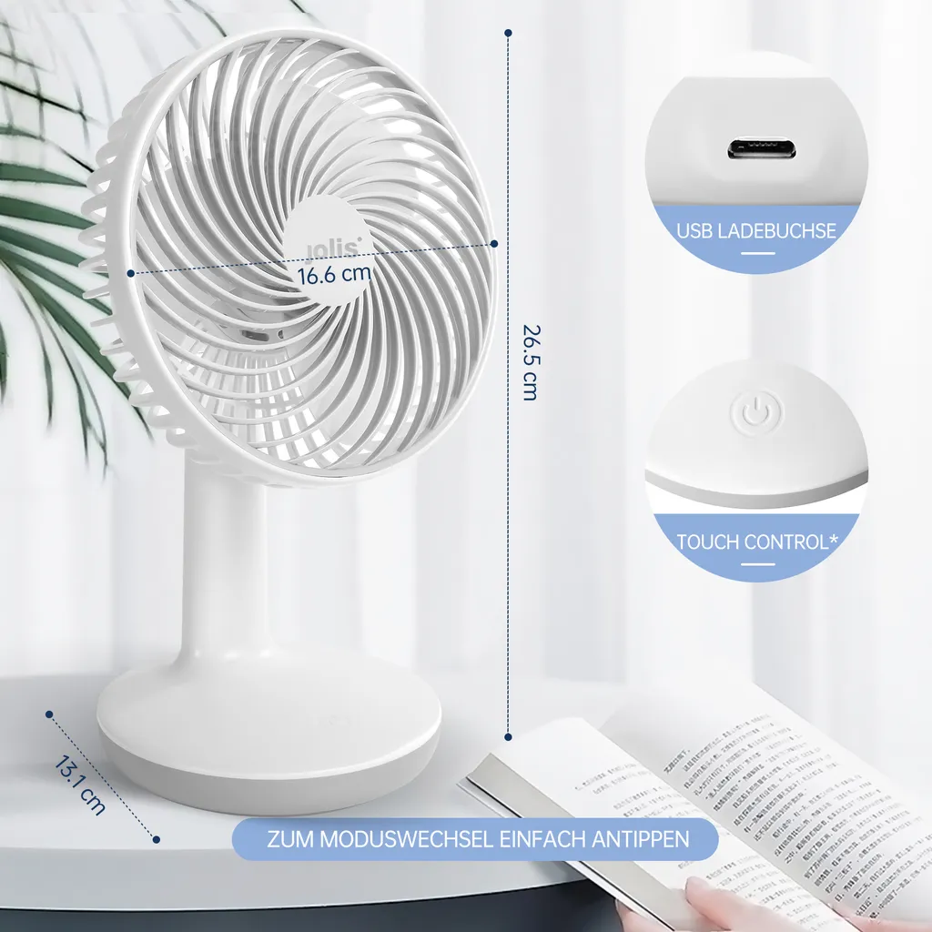 Akku Tischventilator Kompakt Mit Drei Gebläsestufen Und USB Ladeanschluss – Bild 3