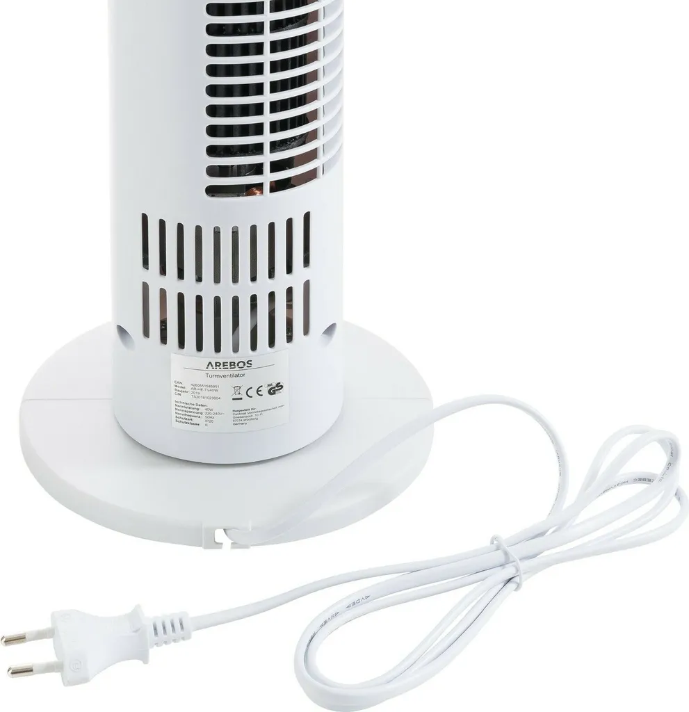 AREBOS Turmventilator Mit Timer, 40 Watt, 75°-Oszillation, Ventilator Mit 3 Geschwindigkeitsstufen, , Weiß – Bild 11