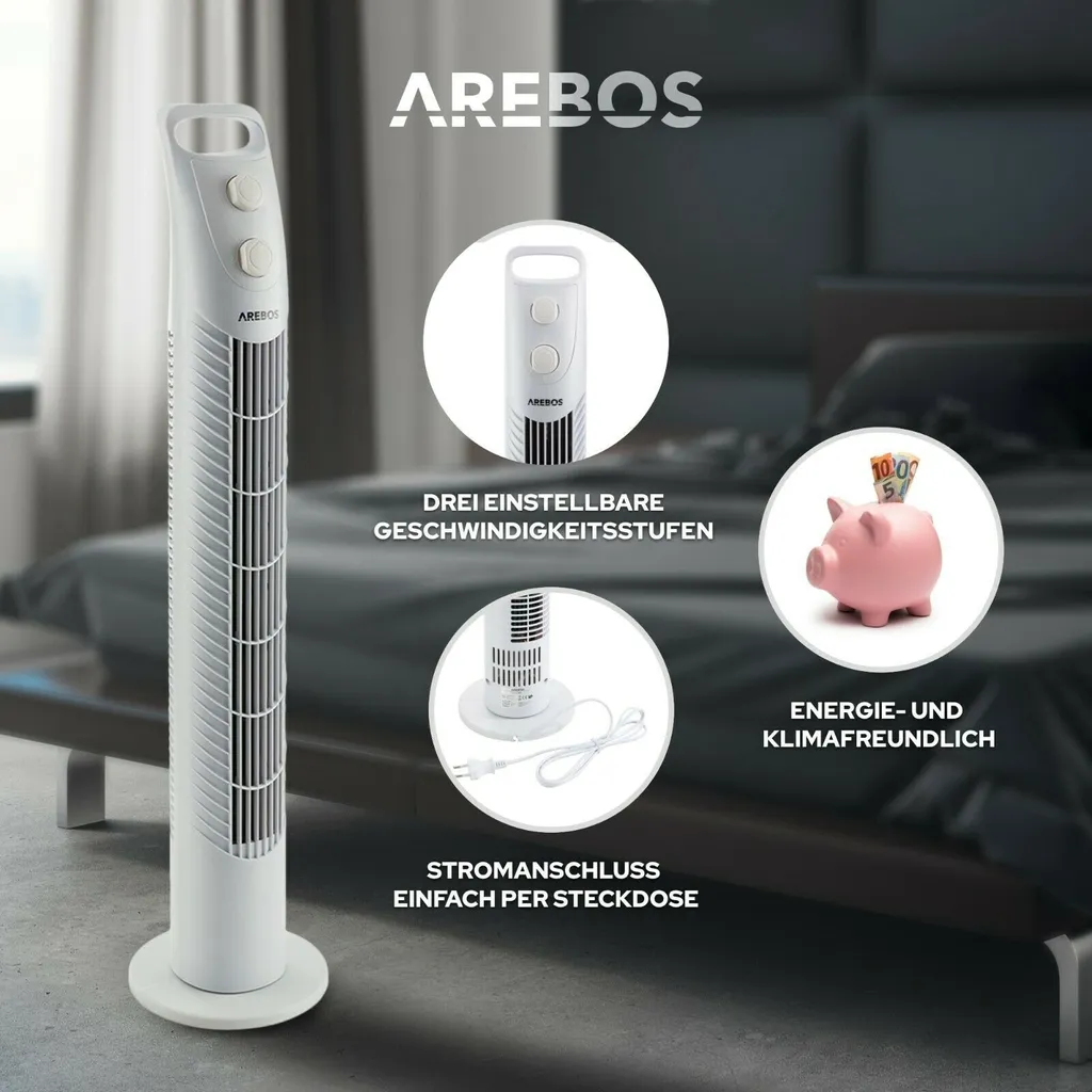 AREBOS Turmventilator Mit Timer, 40 Watt, 75°-Oszillation, Ventilator Mit 3 Geschwindigkeitsstufen, , Weiß – Bild 6