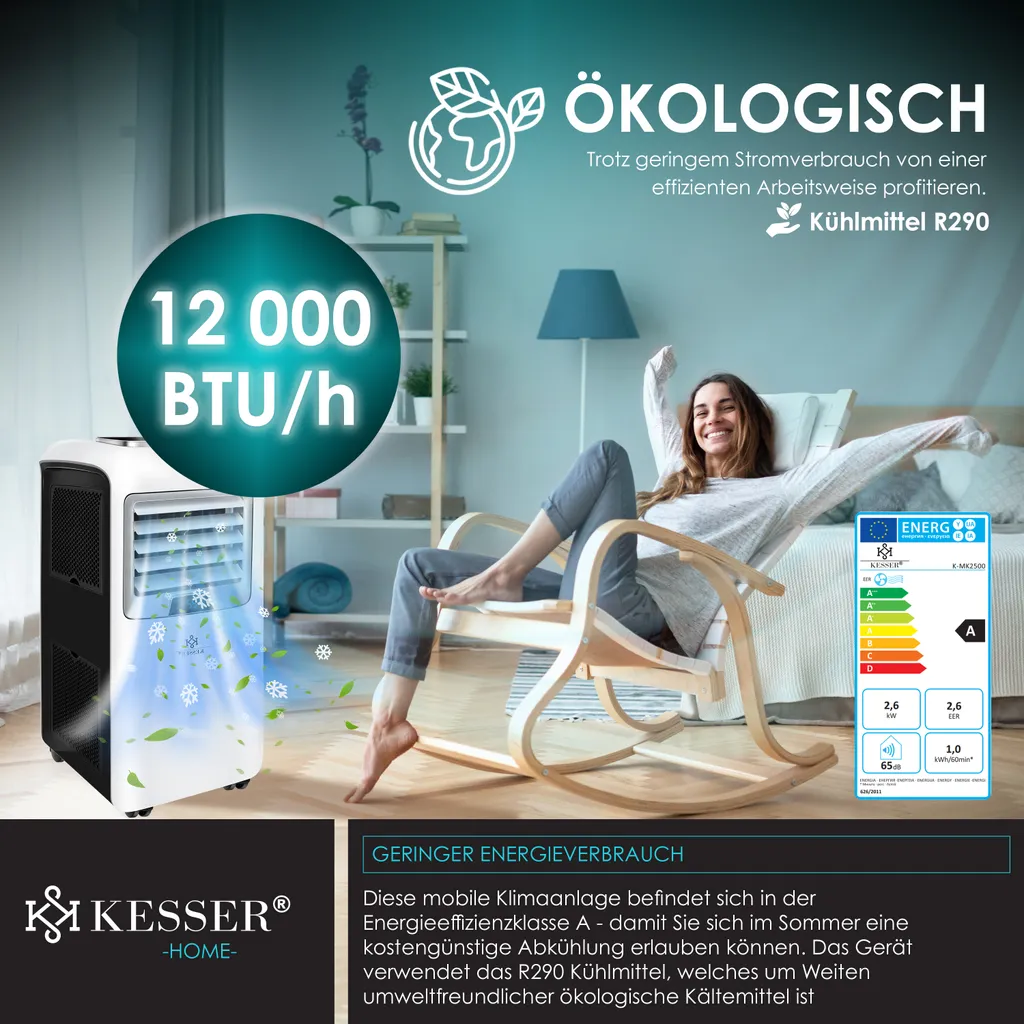 KESSER® – Klimaanlage Mobiles Klimagerät 4in1 Kühlen, Luftentfeuchter, Lüften, Ventilator - 12.000 BTU/h (3.500 Watt) 3,5 KW - Klima Mit Montagematerial, Fernbedienung Und Timer, Nachtmodus (EEK: A), Farbe:Weiß / Schwarz – Bild 11
