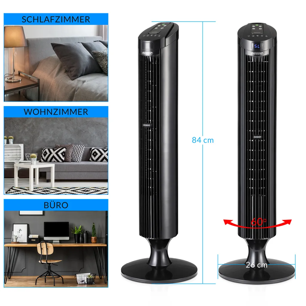 Monzana Turmventilator Fernbedienung 3 Geschwindigkeitsstufen Timer 70° Oszillation Flüsterleise Ventilator Standventilator, Farbe:schwarz – Bild 6