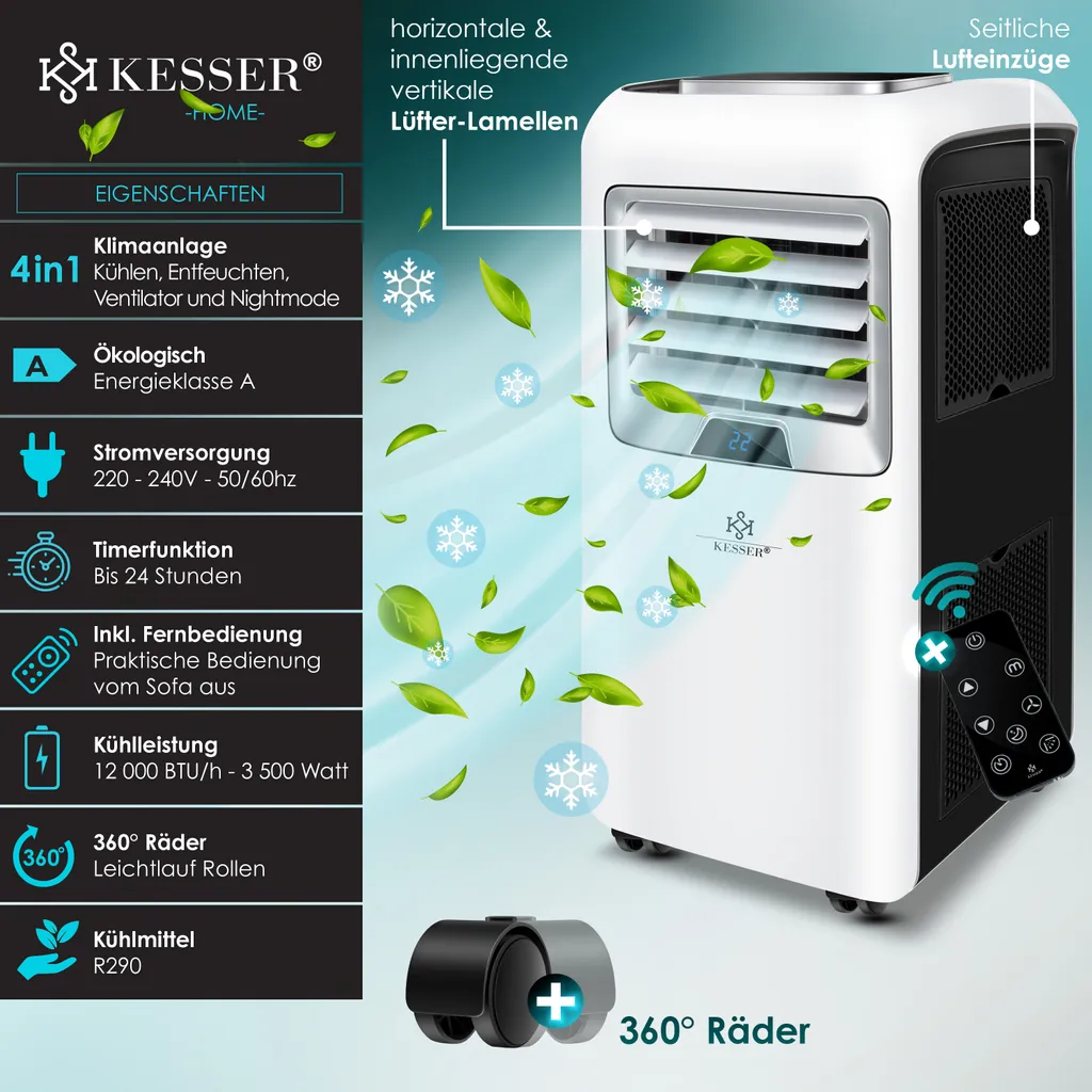 KESSER® – Klimaanlage Mobiles Klimagerät 4in1 Kühlen, Luftentfeuchter, Lüften, Ventilator - 12.000 BTU/h (3.500 Watt) 3,5 KW - Klima Mit Montagematerial, Fernbedienung Und Timer, Nachtmodus (EEK: A), Farbe:Weiß / Schwarz – Bild 3