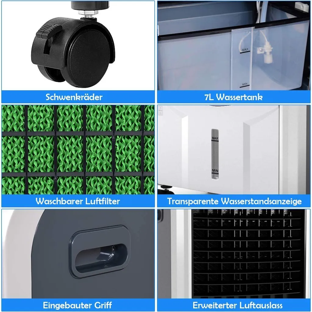 COSTWAY Heizlüfter 2000W Klimaanlage Mobil Klimagerät Kühlen 75W, 8H Timer, 7L Wassertank, 70°Winkel, Fernbedienung, Energieklasse A – Bild 6