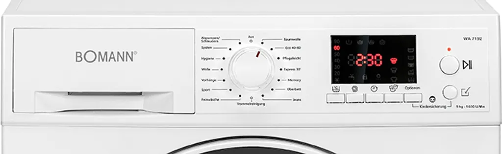 Bomann WA 7192 Waschmaschine Weiß, 9 Kg, 15 Waschprogramme, 1.400 U/min, LED-Display/Kontrollanzeigen, Frontlader – Bild 6