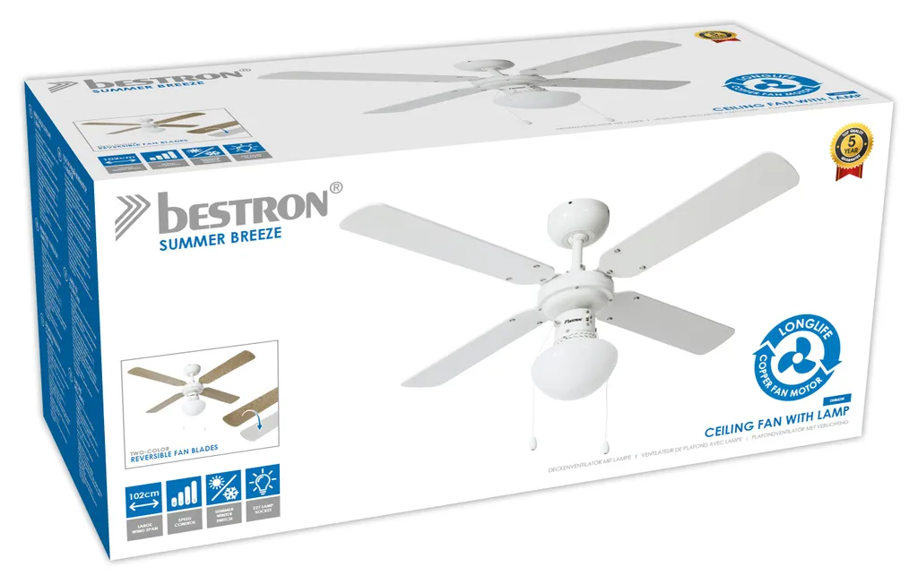 Bestron Deckenventilator Mit Beleuchtung, 3 Geschwindkigkeitsstufen & Großer Flügelspannweite Von Ø102 Cm, 50 W, Farbe: Ahorn/Weiß – Bild 4