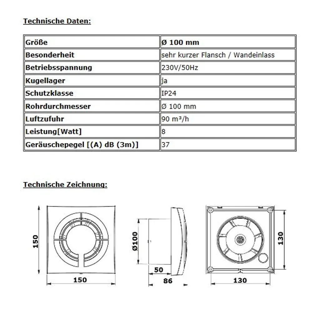 Badlüfter Badventilator Lüfter Bad Ventilator Wohnraumlüfter Wandlüfter Zuluft Abluft Belüftung Entlüftung Badezimmer Einbautiefe 50 Mm Kurz Ø 100 Mm Standard Nein – Bild 4