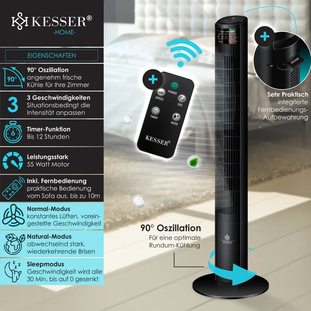 KESSER® Turmventilator Mit Fernbedienung | 120 Cm | Oszilation | 55W | LED-Display | Ventilator Mit 3 Geschwindigkeitsstufen + Timer Bis 12 Stunden + 3 Betriebsmodi + 90° Oszillierend Towerventilator, Farbe:Schwarz – Bild 3
