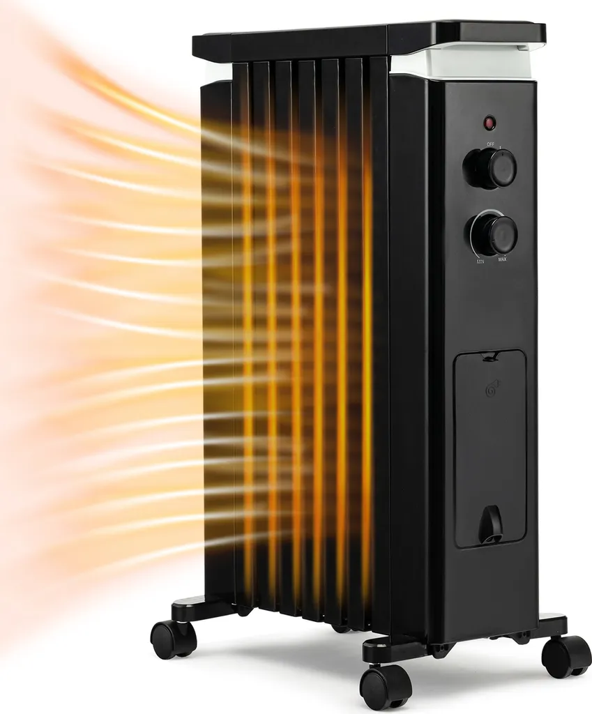 COSTWAY Ölradiator 3 Heizstufen 5-35℃ Für 20㎡, 7 Rippen Heizkörper 1500W, Elektrische Heizung Mobil Mit Thermostat, Überhitzungsschutz & Räder, Schwarz