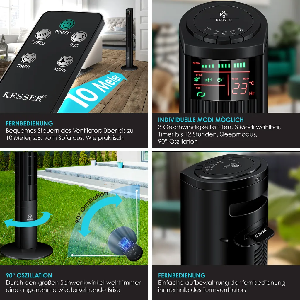 KESSER® Turmventilator Mit Fernbedienung | 120 Cm | Oszilation | 55W | LED-Display | Ventilator Mit 3 Geschwindigkeitsstufen + Timer Bis 12 Stunden + 3 Betriebsmodi + 90° Oszillierend Towerventilator, Farbe:Schwarz – Bild 5