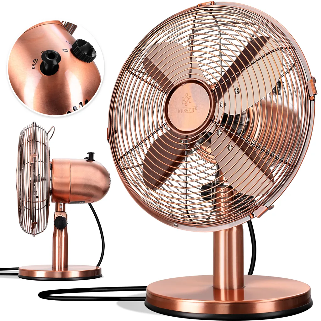 KESSER® - Tischventilator Design Retro Voll-Metallgehäuse 80° Oszillation - Leise Ventilator Mit 3 Geschwindigkeitsstufen - Zuschaltbare | Windmaschine | Neigungswinkel Ca. 40° Metall, Farbe:Kupfer – Bild 2