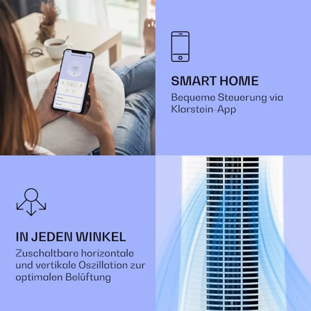 Klarstein Skyscaper Ice Smart Klimaanlage 4-in-1: Luftkühler, Ventilator, Luftbefeuchter & Ionisation - 6 L Wassertank - Oszillation - 30 W - 210 M³/h - Timer - Klimagerät Ohne Abluftschlauch - Mobiles Klimagerät – Bild 3