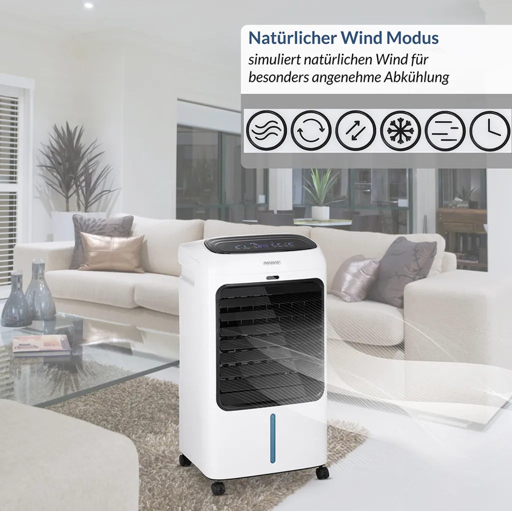 Monzana Luftkühler MZ804 4in1 Fernbedienung 8L Tank Timer Mobil Luftbefeuchter Ventilator Klimaanlage Ionisator Luftkühler LED Display Aircooler Klimagerät – Bild 7