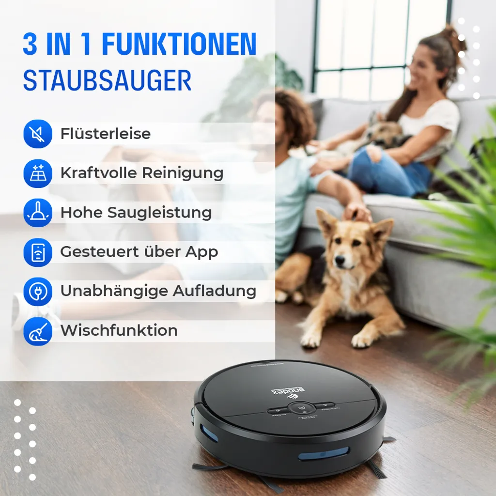 Anodex - Staubsauger Roboter - Mit Wischfunktion - Mit Ladestation - Staubsauger Roboter - 3 In 1 - Mattschwarz – Bild 2