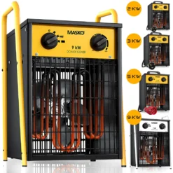 MASKO® Elektroheizer Heizlüfter Bauheizer Mit Integriertem Thermostat Elektrisch Heizgerät Mit 3 Heizstufen Heizgebläse Für Innen- Und Außeneinsatz Überlastschutz Elektroheizgebläse , Farbe:Weiß, Größe:9 KW